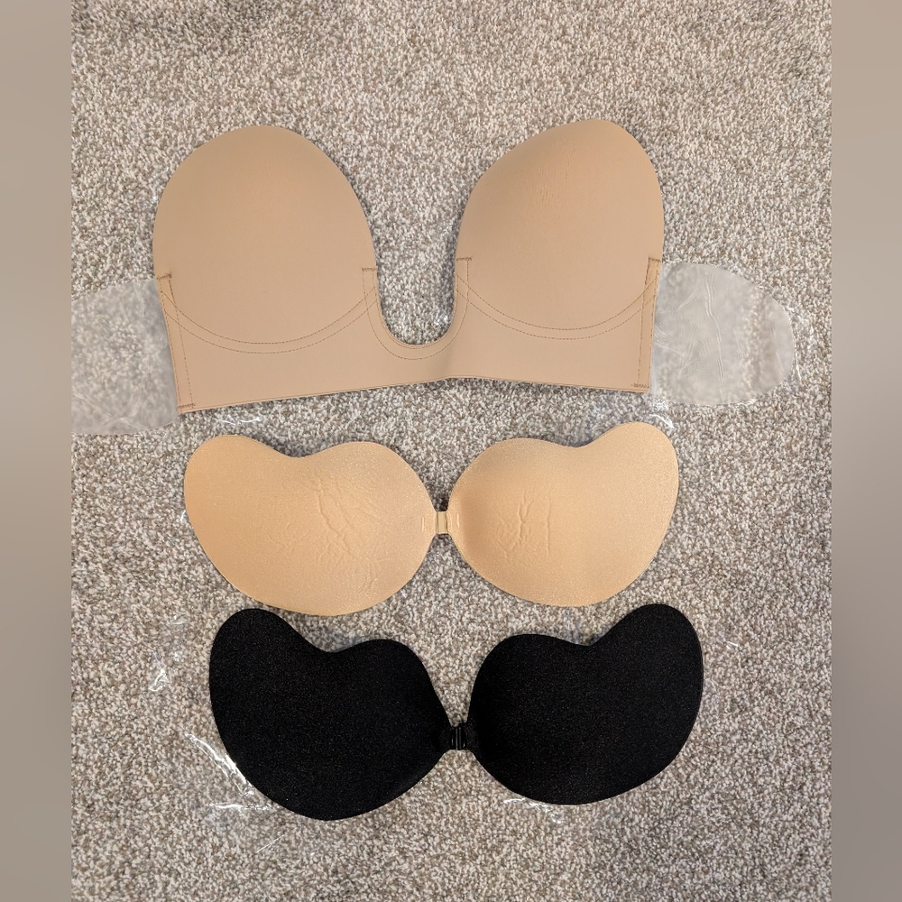 New Strapless Adhesive Bra Set - Black and Tan Size D